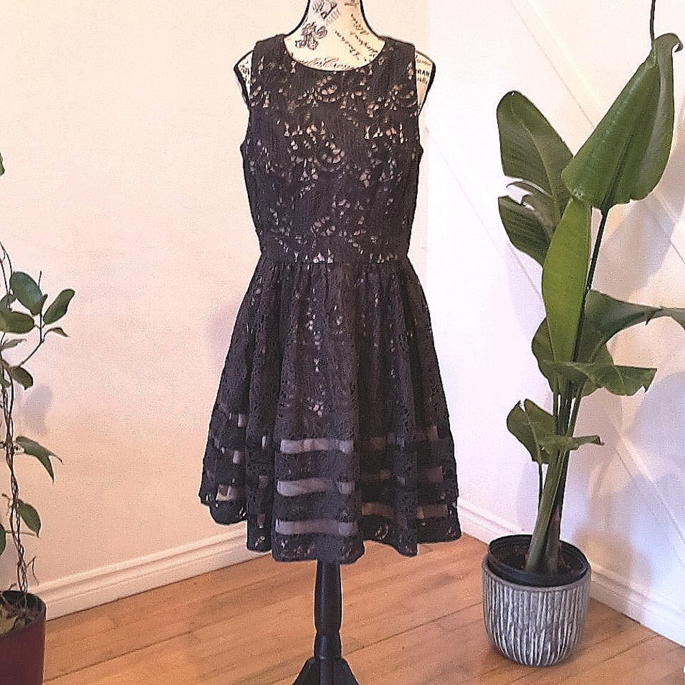 Eliza J Midi Black Lace dress. Size 10. Great Lacework. Great confection!